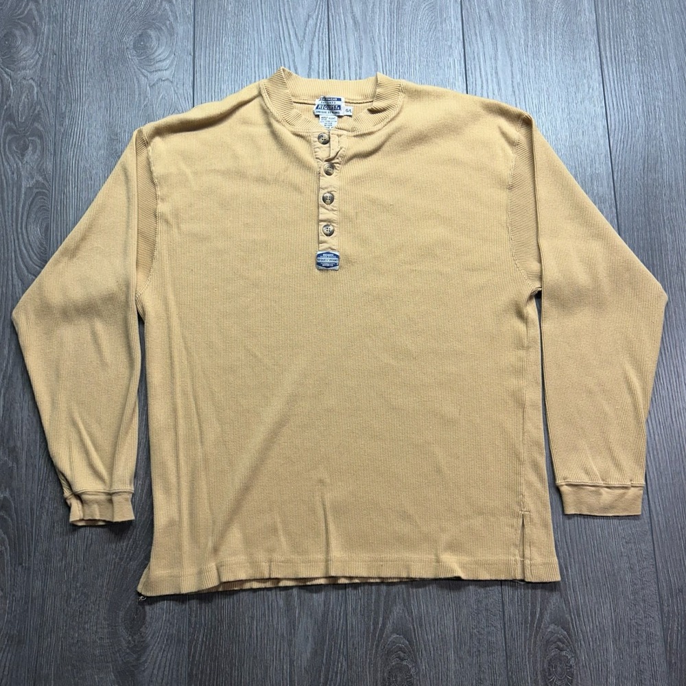 Vintage Request Jeanswear Henley Large Shirt Tan Ribbed Long Sleeve Y2K